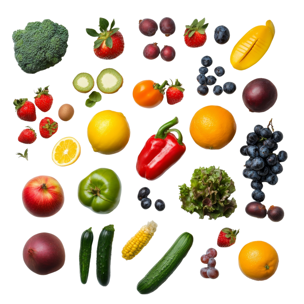 Collection of fresh fruits and vegetables arranged on a transparent background showcasing vibrant colors and variety, fruit vegetable on transparent background png