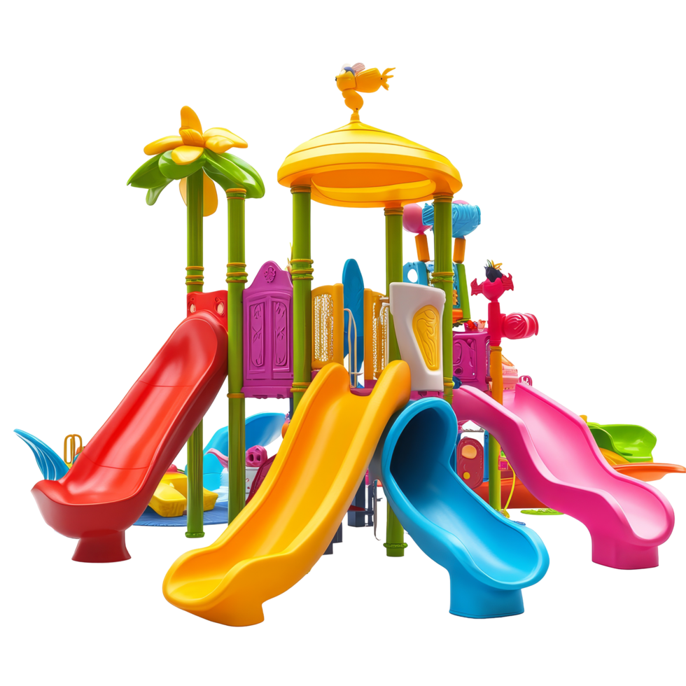 A vibrant playground for children featuring colorful slides and engaging play structures designed for fun and exploration, Colorful playground for children on transparent backgroundfile png