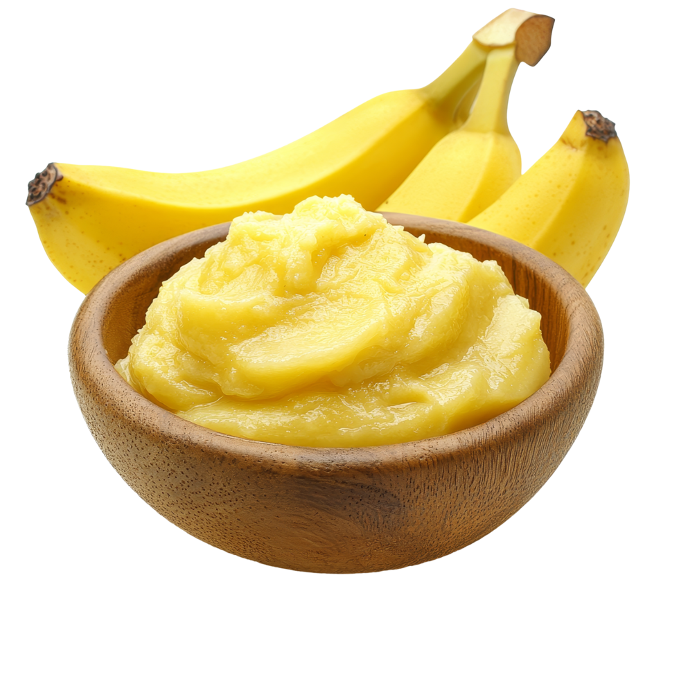 Pureed banana served in a wooden bowl with fresh bananas on a clean transparent background for healthy eating, Pureed banana in a wooden bowl on a transparent background png