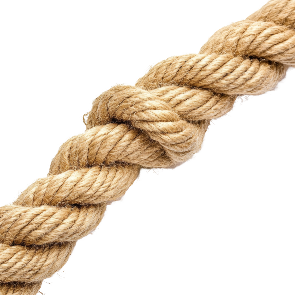 Natural fiber rope displayed against a clean transparent background, showcasing its sturdy texture and intricate weave, Rope on transparent background png
