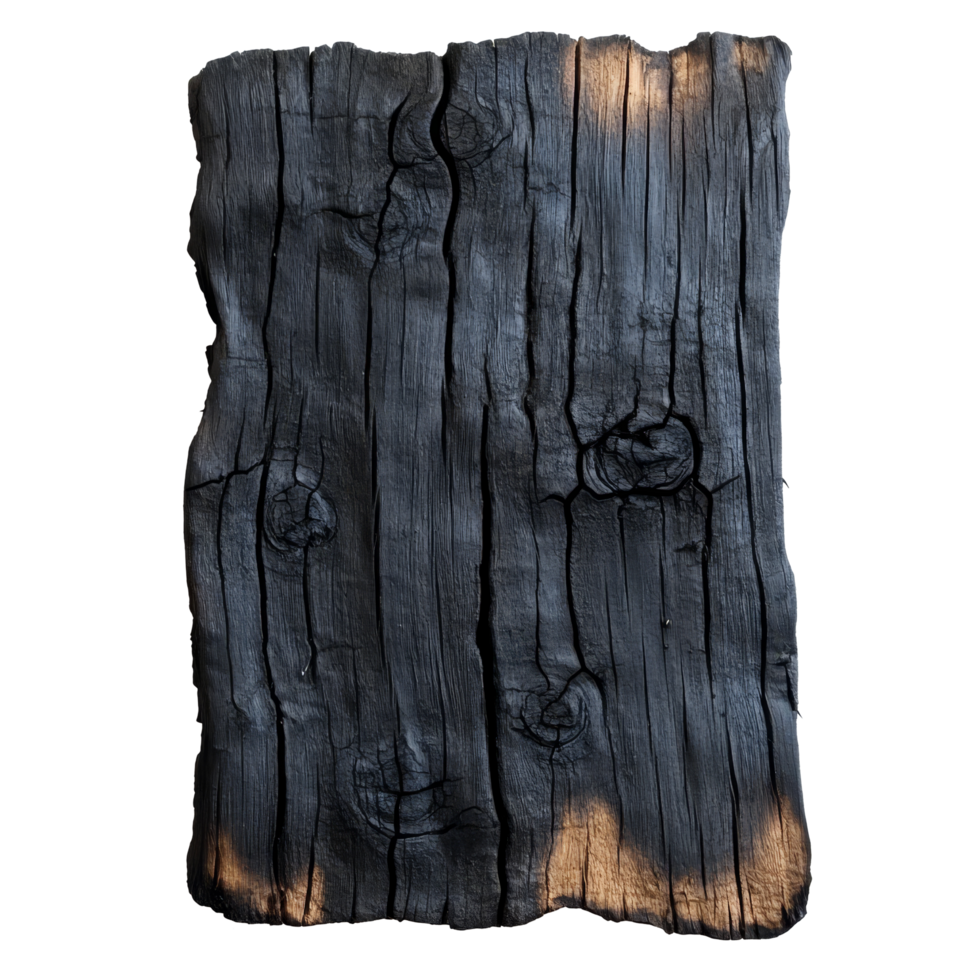 Old burned wood plank isolated on a transparent background showcasing unique texture and charred details, old burned wood blank isolated on transparent background png