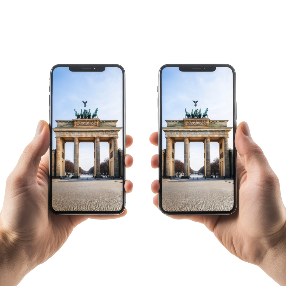 Hands holding an iPhone displaying the Brandenburg Gate in Berlin, Germany, during January, Berlin Germany January 21 2025 Hands holding Iphone, smartphone screens mockups isolated on transparent png