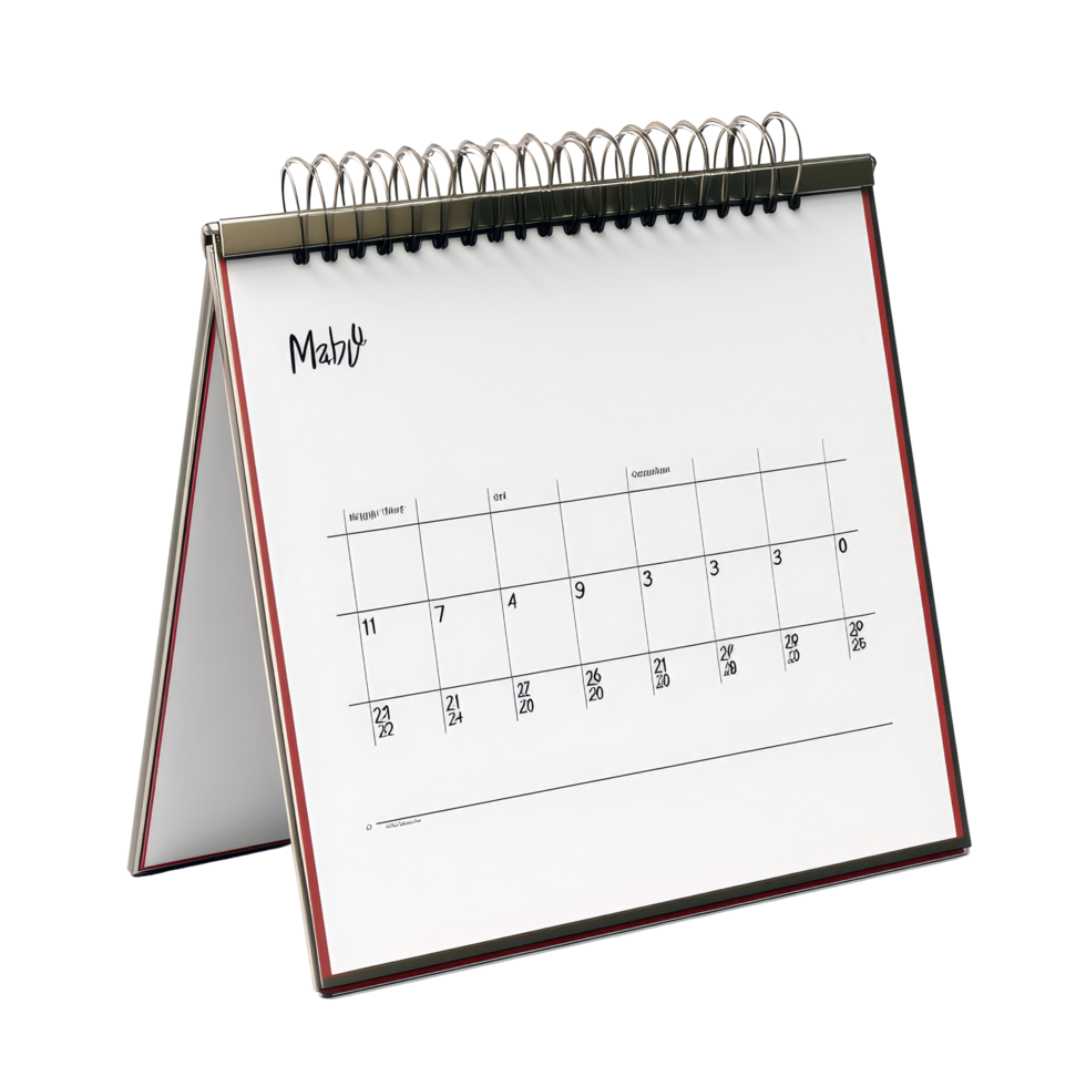 A simple table calendar with a spiral binding set against a clean transparent background, table calendar 2025 may isolated on transparent background png