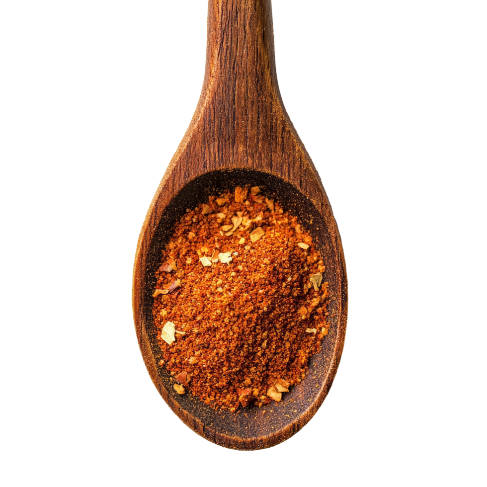 Chili powder in a wooden spoon isolated on a bright transparent background for culinary use and spice recipes, Chili powder in wood spoon isolated on transparent background png