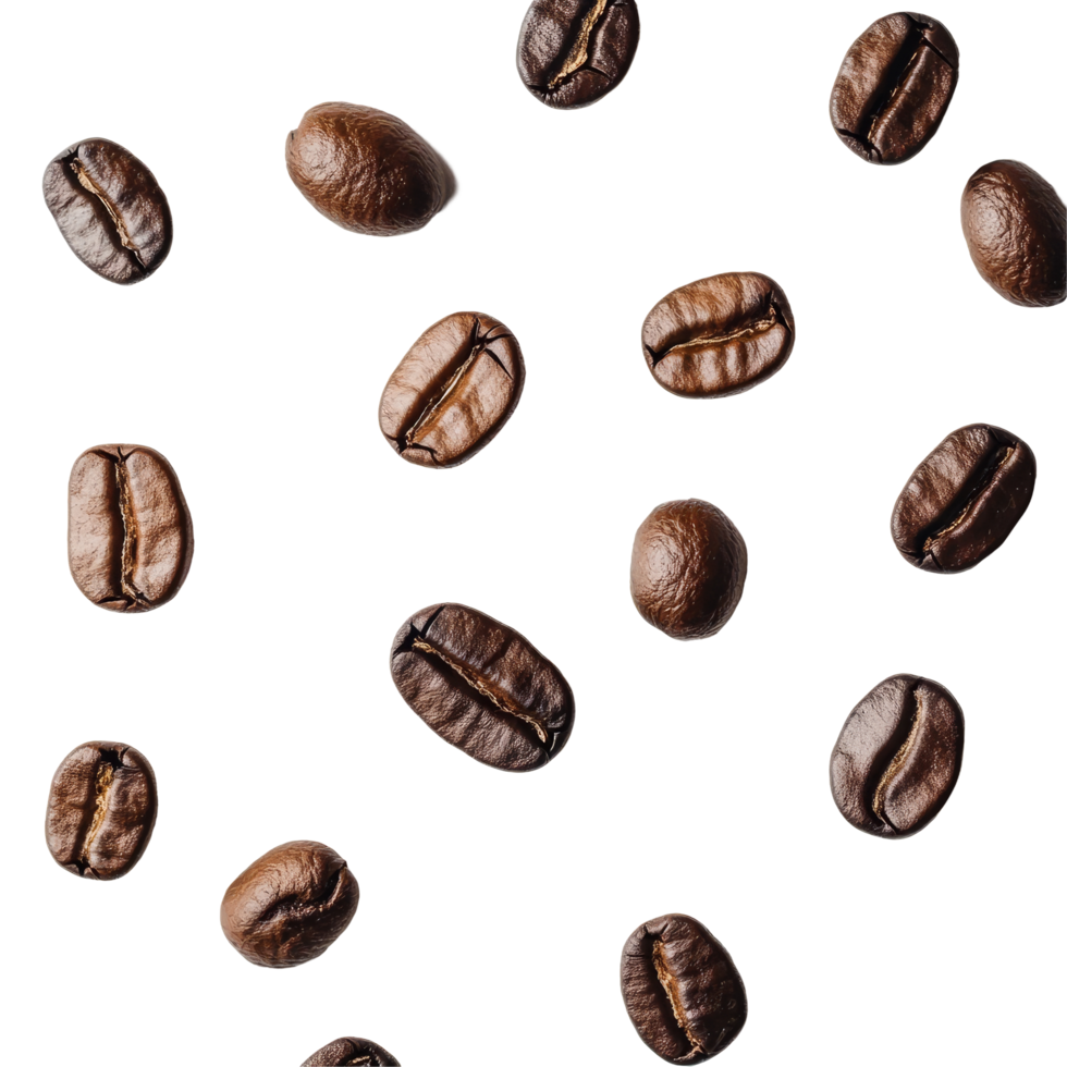 Flat lay of assorted coffee beans arranged artistically on a clean transparent background, showcasing their rich textures and colors, Coffee beans over transparent background flat lay Stock Photo png