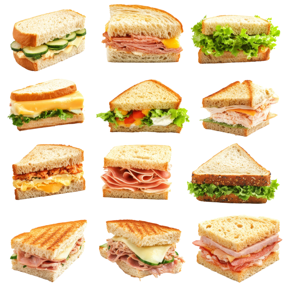 A delightful assortment of sandwiches including ham, cheese, and tuna ready for a casual gathering or lunch, Various Sandwiches Including Ham and Cheese, Tuna, and Chicken on transparent background png
