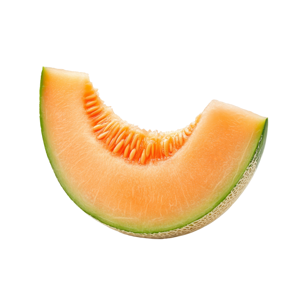 Fresh slice of cantaloupe melon on a clean transparent background showcasing vibrant orange flesh and green rind, slice cantaloupe melon isolated on transparent background png
