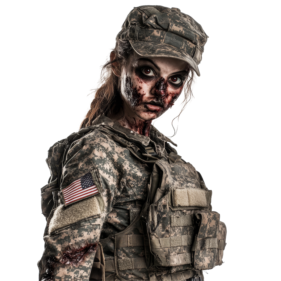 A terrifying female zombie in military attire with a haunting expression on a transparent background, scary military female zombie on transparent background png