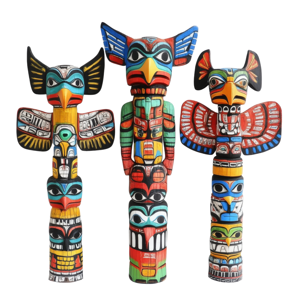 Colorful totem pole figures display intricate designs on a bright transparent background showcasing cultural artistry and craftsmanship, Colorful Totem Pole Figures on transparent background png