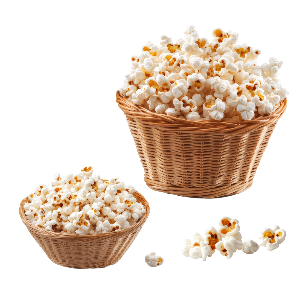 Tasty popcorn in a basket and bowl on a transparent background, ideal for movie night snacking, popcorn in basket and bowl isolated on transparent background png