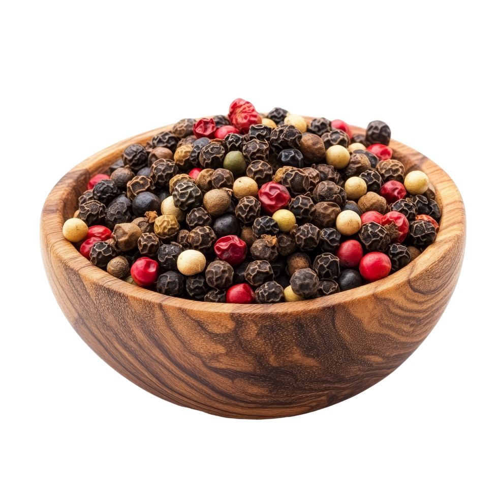 A wooden bowl filled with colorful peppercorns on a transparent background showcasing a vibrant spice selection, pepper corn in wood bowl isolated on transparent background png