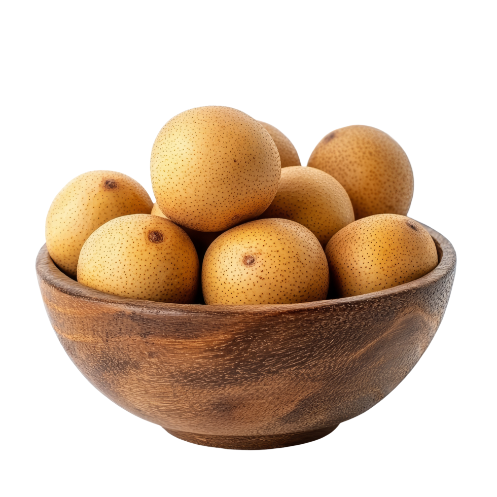 Fresh longan fruit arranged in a wooden bowl on a clean transparent background for a vibrant display, Longan in wood bowl isolated on transparent background png