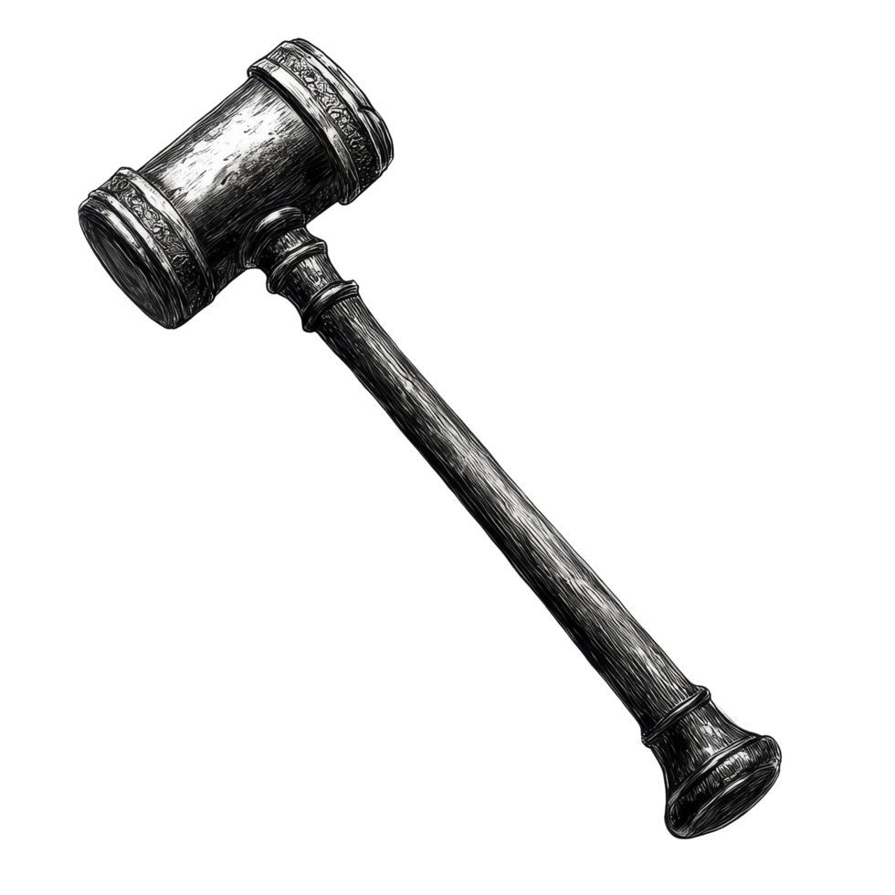 A detailed hammer of justice resting on a clean transparent background, symbolizing law and order in society today, hammer of justice on transparent background png
