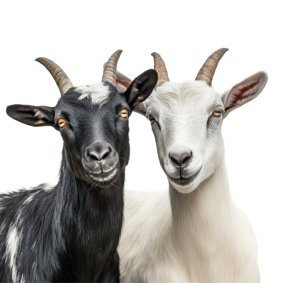 Two adorable goats standing side by side on a plain transparent background in a bright and cheerful setting, Goats on transparent background png