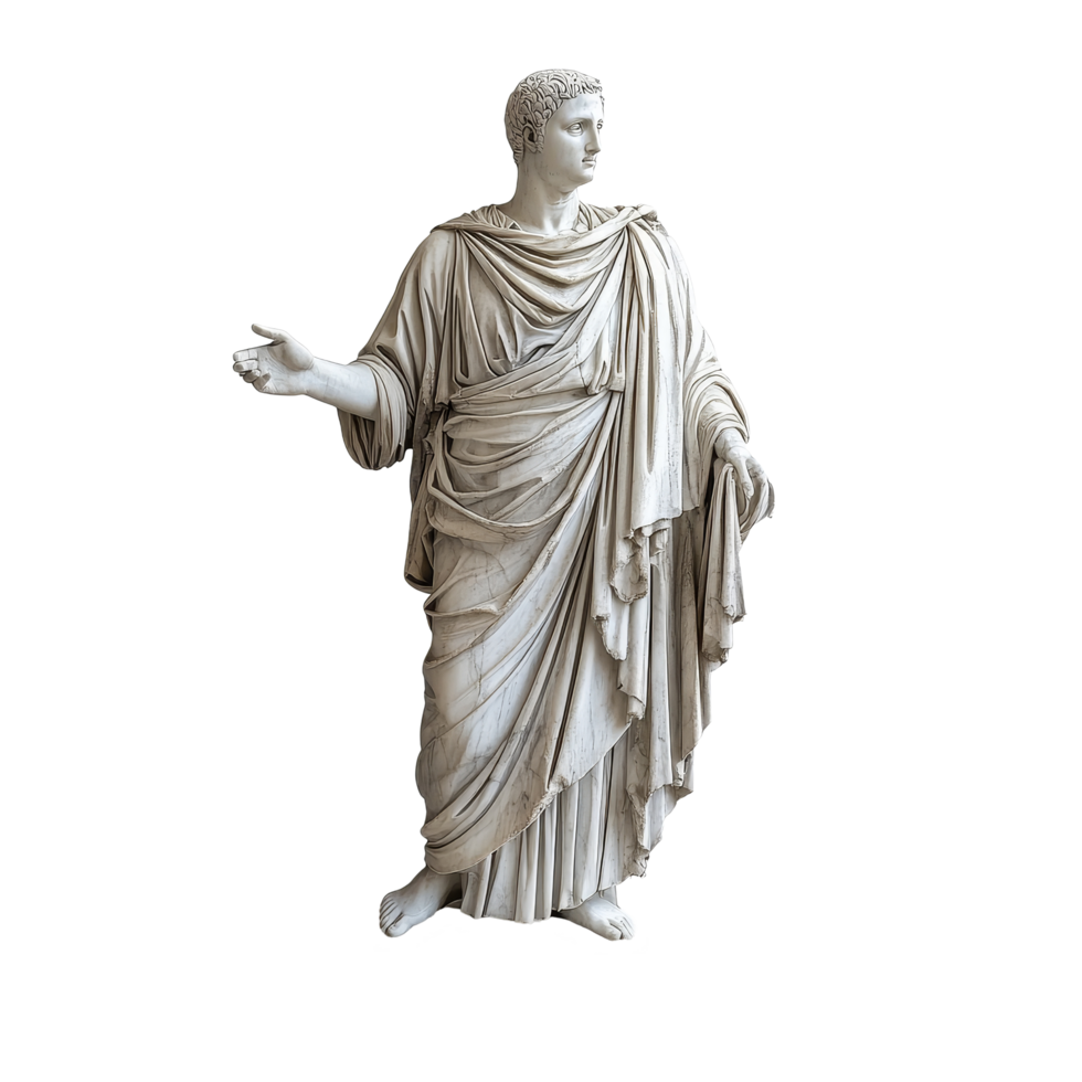 Classical marble statue depicting a figure in flowing robes against a minimalistic transparent background, Marble statue on transparent background png