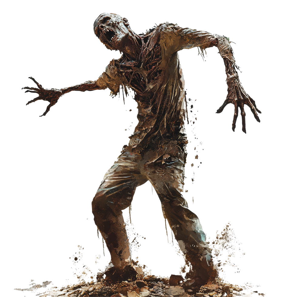 A zombie rises menacingly from the ground, showcasing eerie details against a stark transparent background, Zombie Rising from Ground on transparent background png