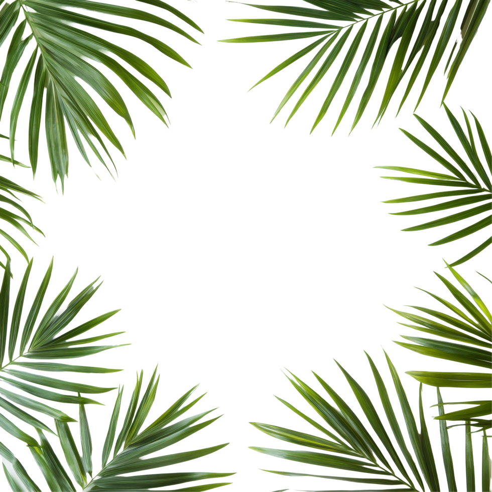 Tropical palm leaves arranged in a circular frame on a clean transparent background for a fresh, natural look, tropical nature green palm leaf in picture frame on transparent backgroundfile png
