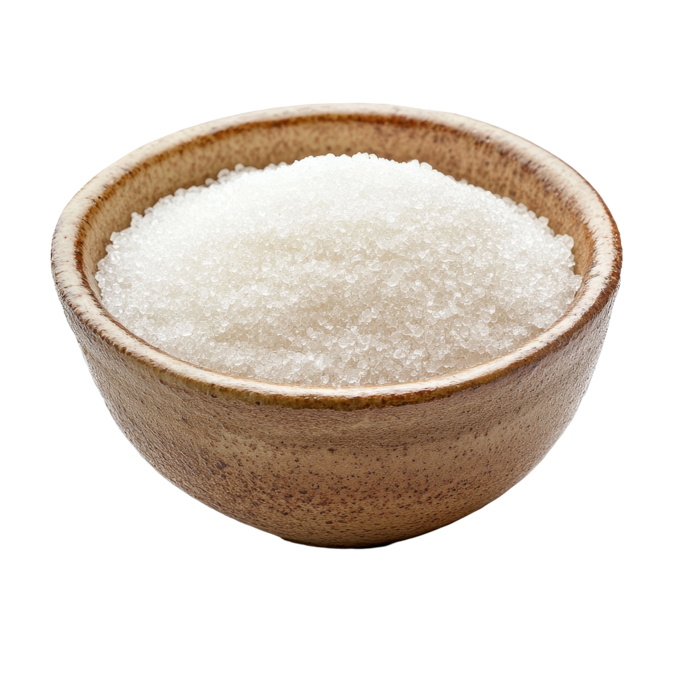 Fresh granulated sugar in a simple ceramic bowl resting on a bright transparent background, sugar in ceramic bowl on transparent background png