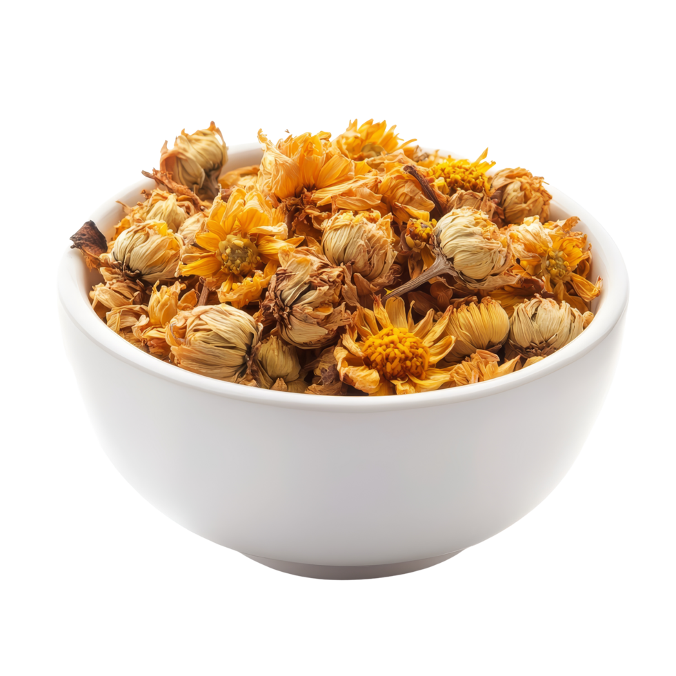 Dried chrysanthemum flowers in a transparent bowl isolated on a background capturing natures beauty, dried chrysanthemum flowers in transparent bowl isolated on transparent background png