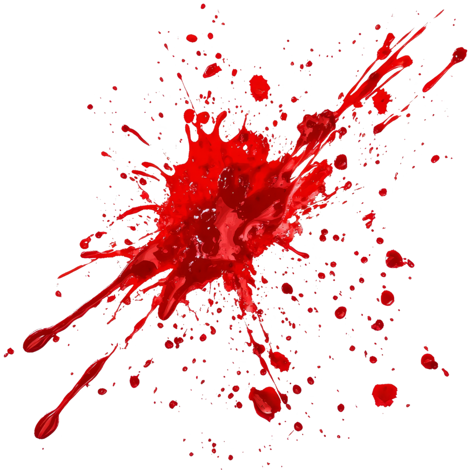 Red blood splatters against a clean transparent background create a striking contrast, evoking intense emotions and reactions, Red Blood Splatters Isolated on transparent background png