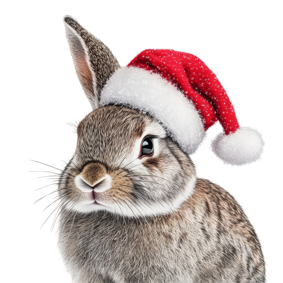 Adorable rabbit wearing a festive Christmas hat against a bright transparent background, Rabbit wearing a christmas hat on transparent background png