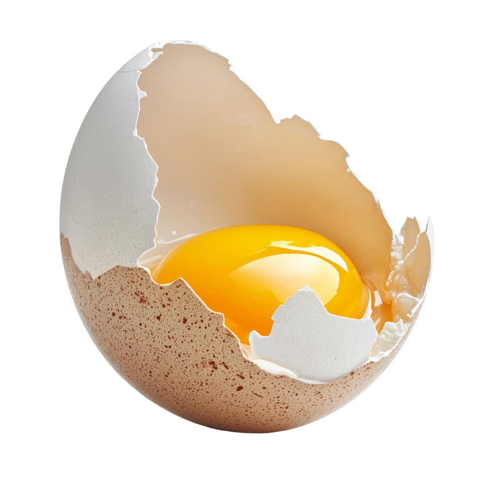 A cracked eggshell revealing bright yellow yolk and transparent on a simple, bright background in an elegant culinary setting, Cracked egg shell revealing egg yolk and transparent isolated png