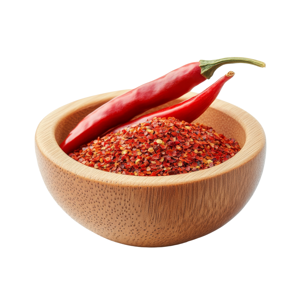 Cayenne pepper powder and red chili peppers in wooden bowl against a transparent backdrop, Cayenne pepper in wood bowl on transparent background png