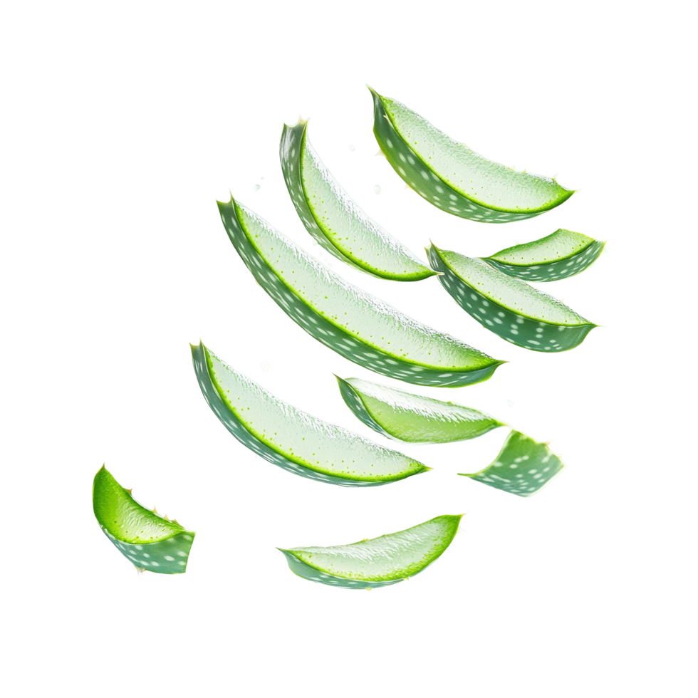 Aloe vera slices suspended in midair creating a refreshing and natural aesthetic, Flying aloe vera slices png