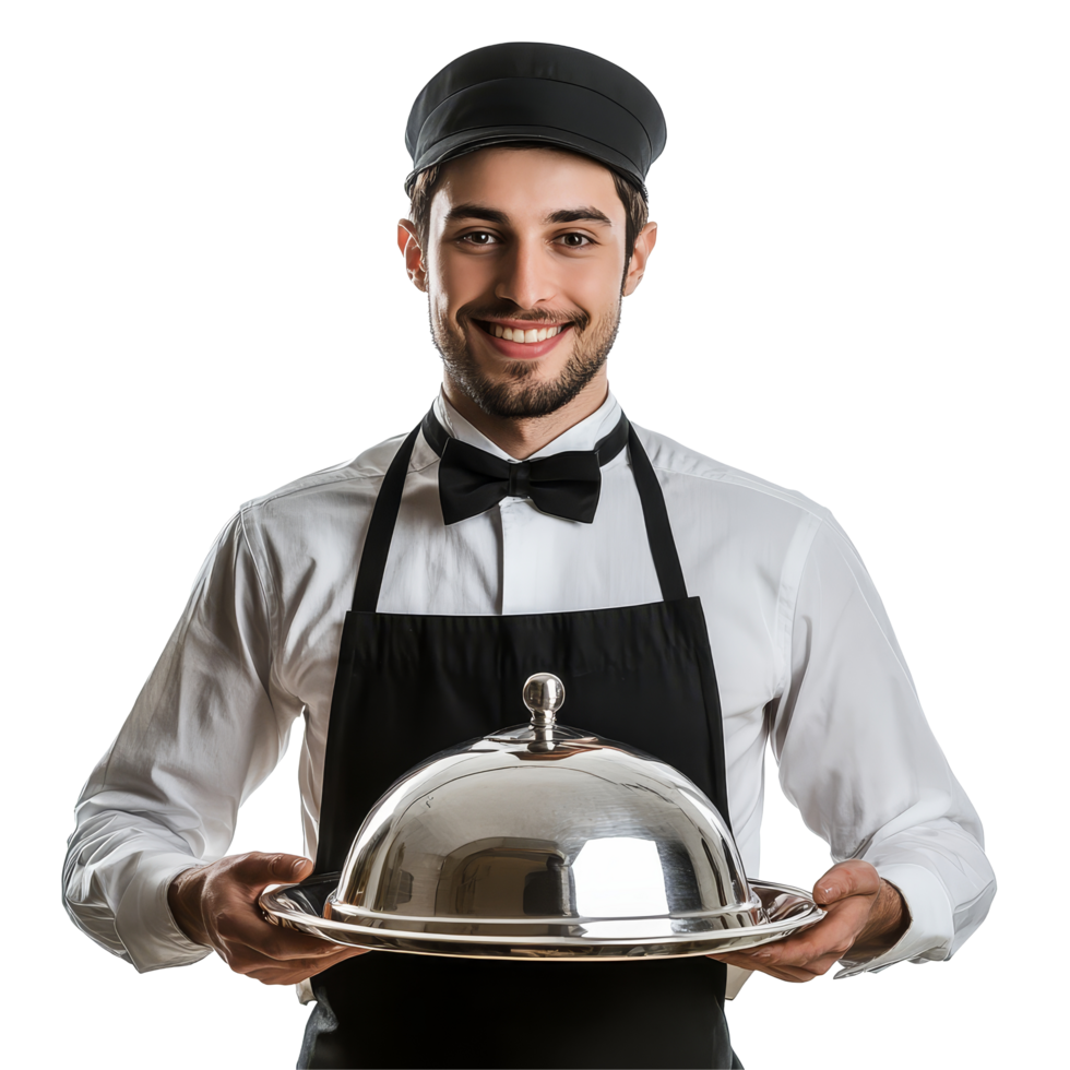 Smiling waiter presenting a stainless steel cloche in a professional setting against a transparent background, Waiter with Stainless Steel Cloche Isolated on transparent background png
