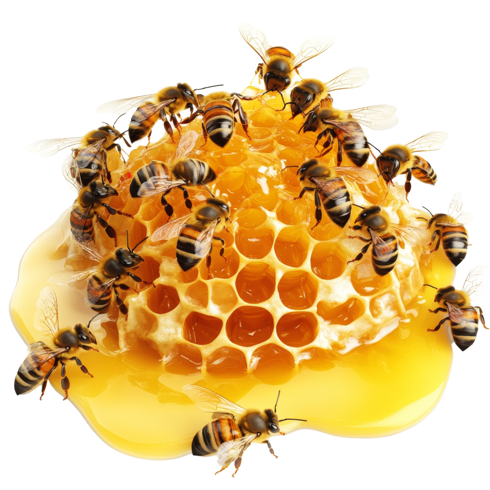 Honeycomb dripping with golden honey surrounded by busy bees collecting nectar, bees and their honey, transparent background, png
