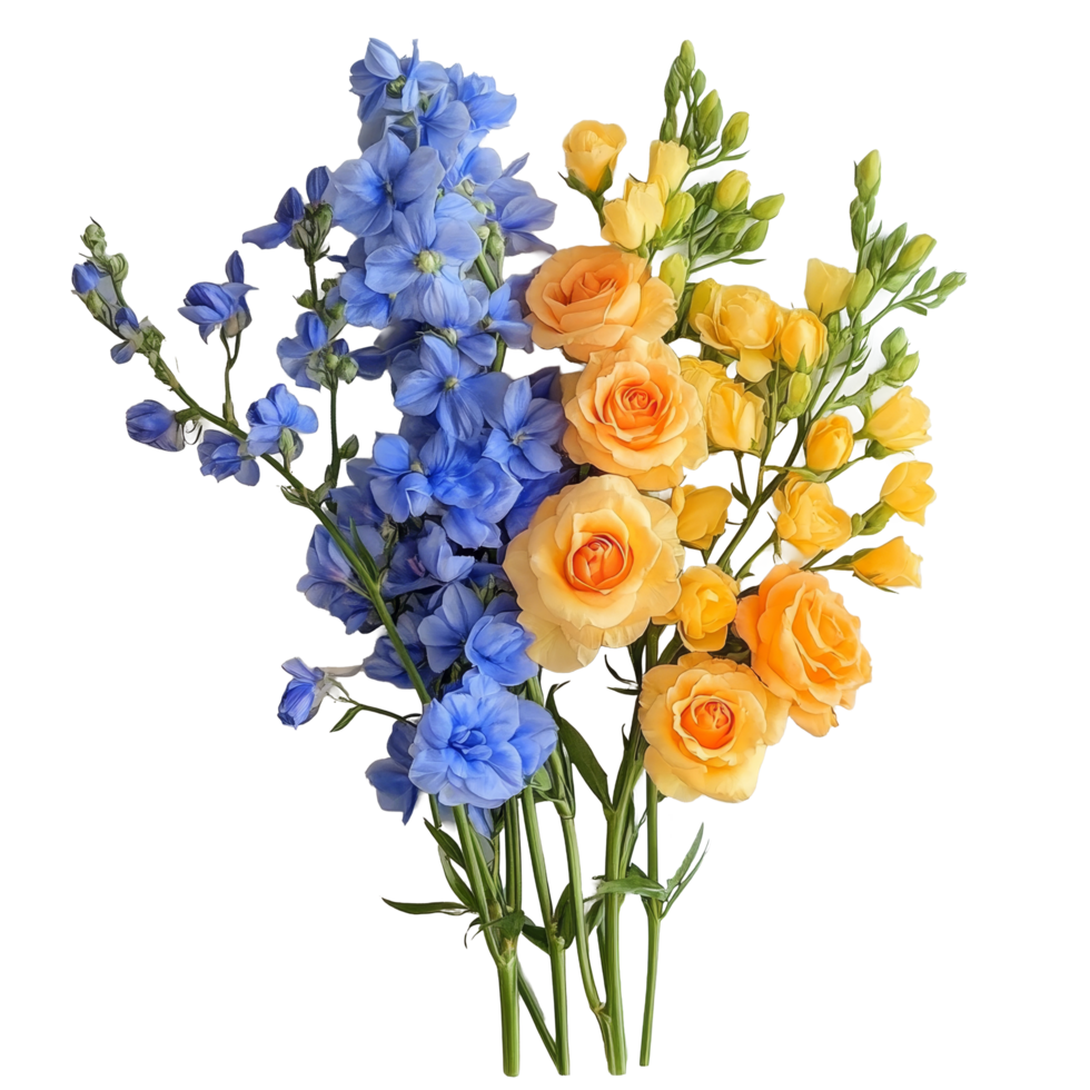 A vibrant arrangement of blue delphiniums and apricotorange roses for a fresh floral display, Blue Delphiniums complemented by Apricot Orange Roses and Lemon Yellow Freesias transparent background png