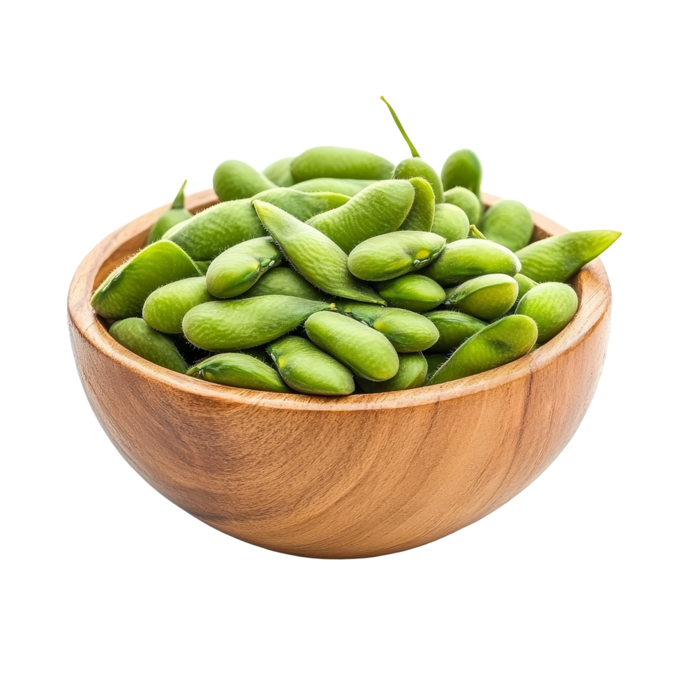 Fresh green soybeans in a wooden bowl isolated on a transparent background for healthy eating and cooking ideas, Green soy beans in wood bowl isolated on transparent background png