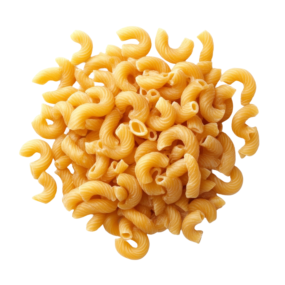 A pile of macaroni pasta on a clean transparent background showcasing its curved shapes and vibrant color, macaroni pasta on transparent background png