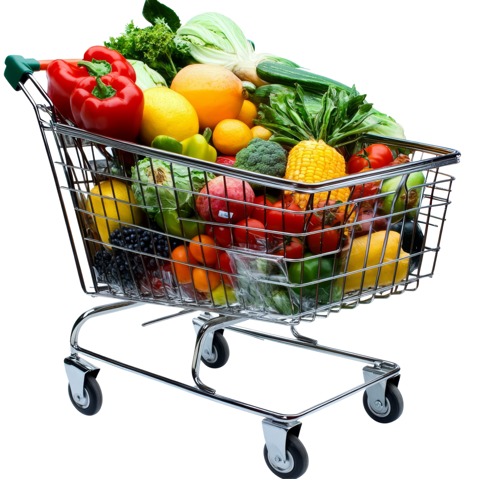 A shopping cart filled with fresh groceries and produce at a local marketplace during daylight hours, file no background Shopping cart full of groceries png