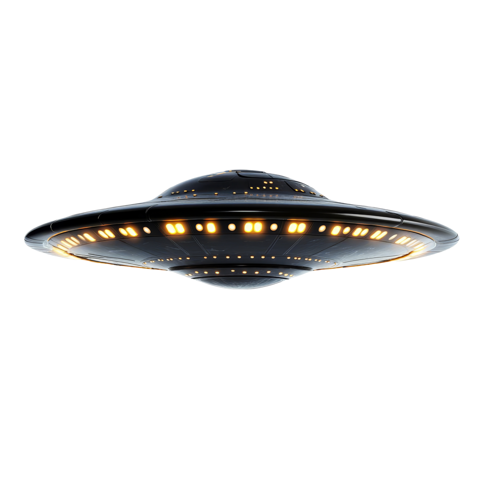 A classic UFO spaceship with its lights illuminated against a transparent background, showcasing an iconic extraterrestrial design, Classic UFO Spaceship with Lights On transparent background png