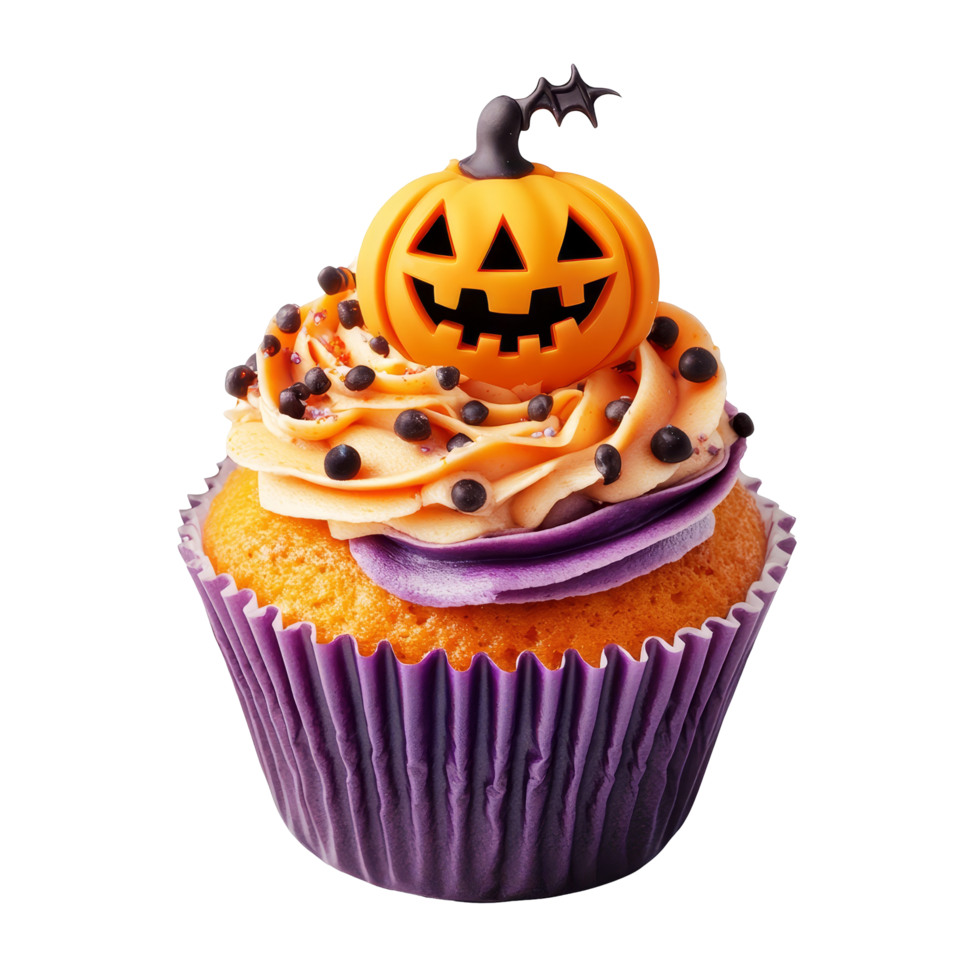 Delicious Halloween cupcake with vibrant orange frosting and playful pumpkin decoration topped, Cupcake with Halloween decor, file of isolated object with shadow on transparent background png