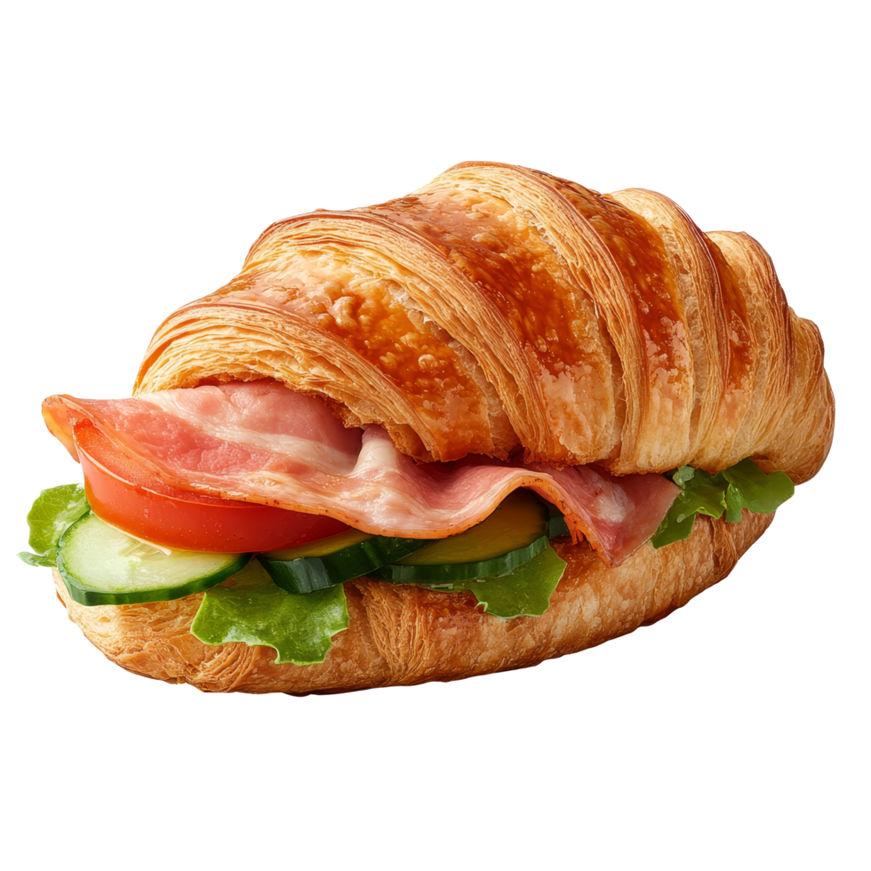 Delicious ham and vegetable croissant sandwich topped with fresh tomato and cucumber, perfect for a satisfying lunch, ham croissant sandwich with tomato and cucumber png