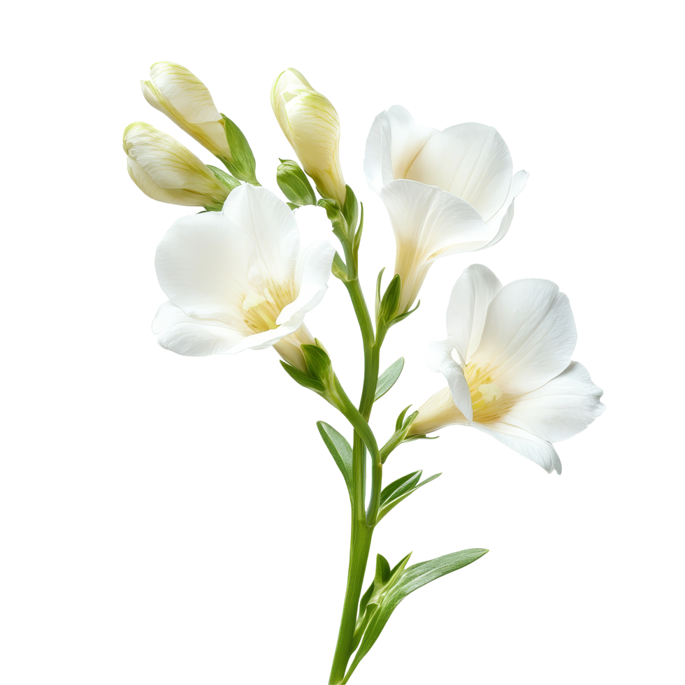 Elegant freesia flowers in full bloom against a pristine transparent background showcasing delicate petals and rich greens, freesia flowers isolated transparent background png