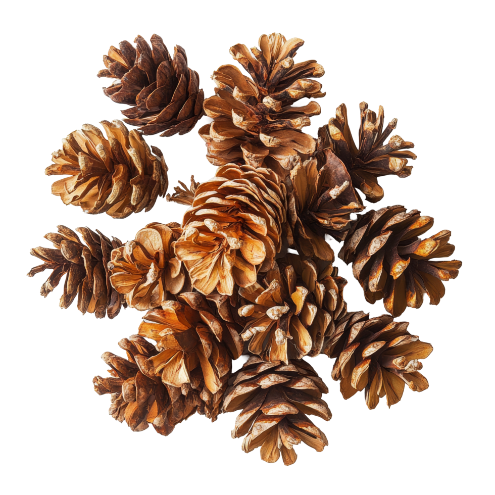 Dried coniferous pine cones displayed on a transparent background, showcasing their natural textures and colors, dried pine cones coniferous on transparent backgroundfile png