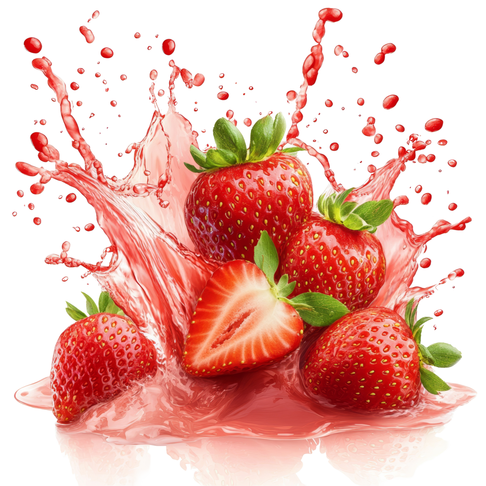 Refreshing strawberry juice splashes into a cluster of ripe strawberries creating a vibrant scene of flavor, Strawberry juice splashing with its fruits isolated png