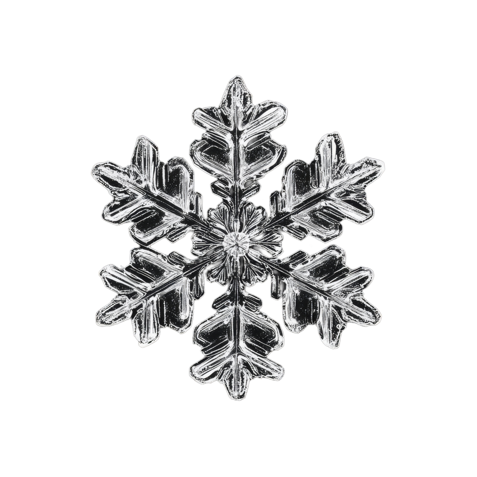 A stunning single snowflake against a black background revealing intricate ice crystal patterns, Single Snowflake on Black Background Stock Illustration png