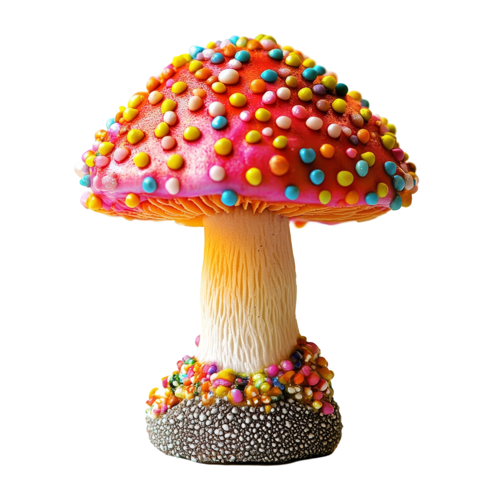 A vibrant candy mushroom with colorful sprinkles stands out against a clean transparent background, showcasing whimsical dessert artistry and craftsmanship, Colorful candy mushroom on a transparent png