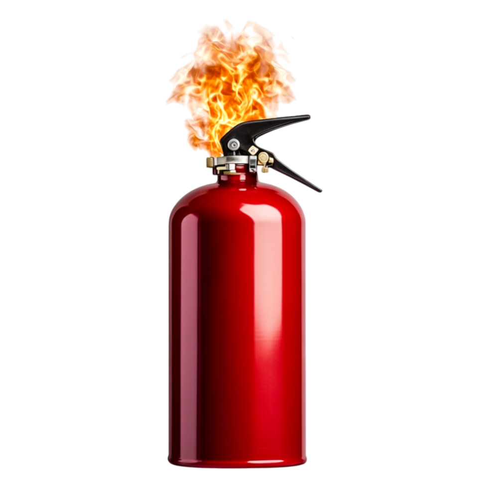 Red Fire Extinguisher with Flame and Smoke on a png