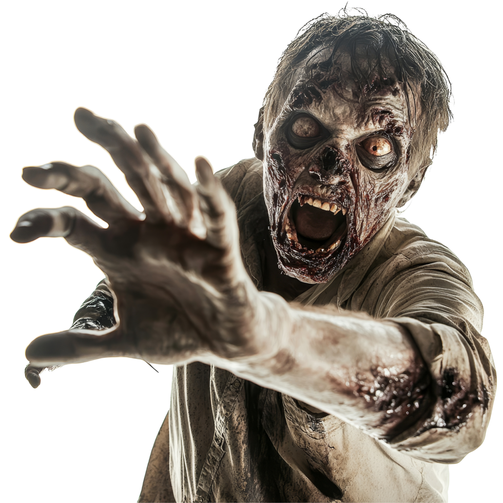A terrifying zombie reaches out to grab its unsuspecting victim in a dimly lit, eerie environment, Scary Zombie about to catch his victim isolated on transparent background png