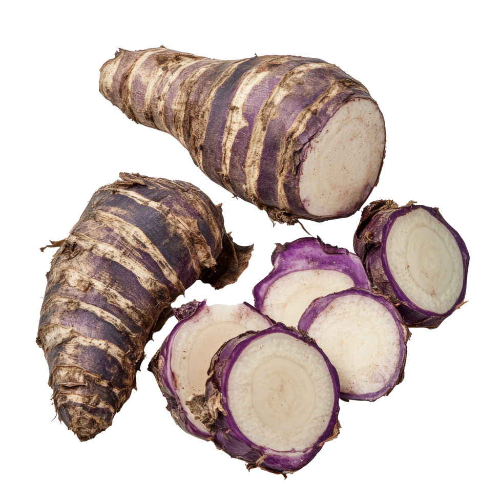 Taro root and sliced pieces displayed on a transparent background showcasing their unique purple and transparent interior, taro root on transparent background png