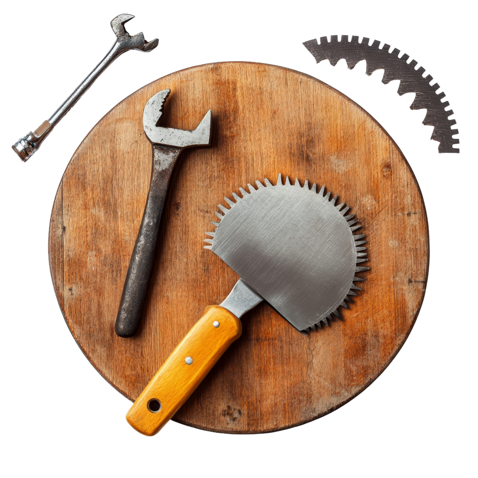 Essential saw blade and work tools arranged on a wooden surface for efficient DIY projects at home, Saw blade with work tools isolated png