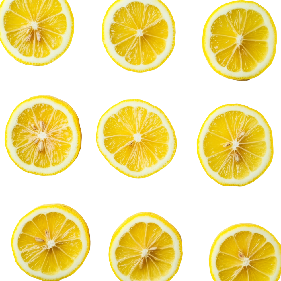 Fresh lemon slices arranged neatly on a clean transparent background for culinary and decorative purposes, Fresh lemon slices on transparent background png
