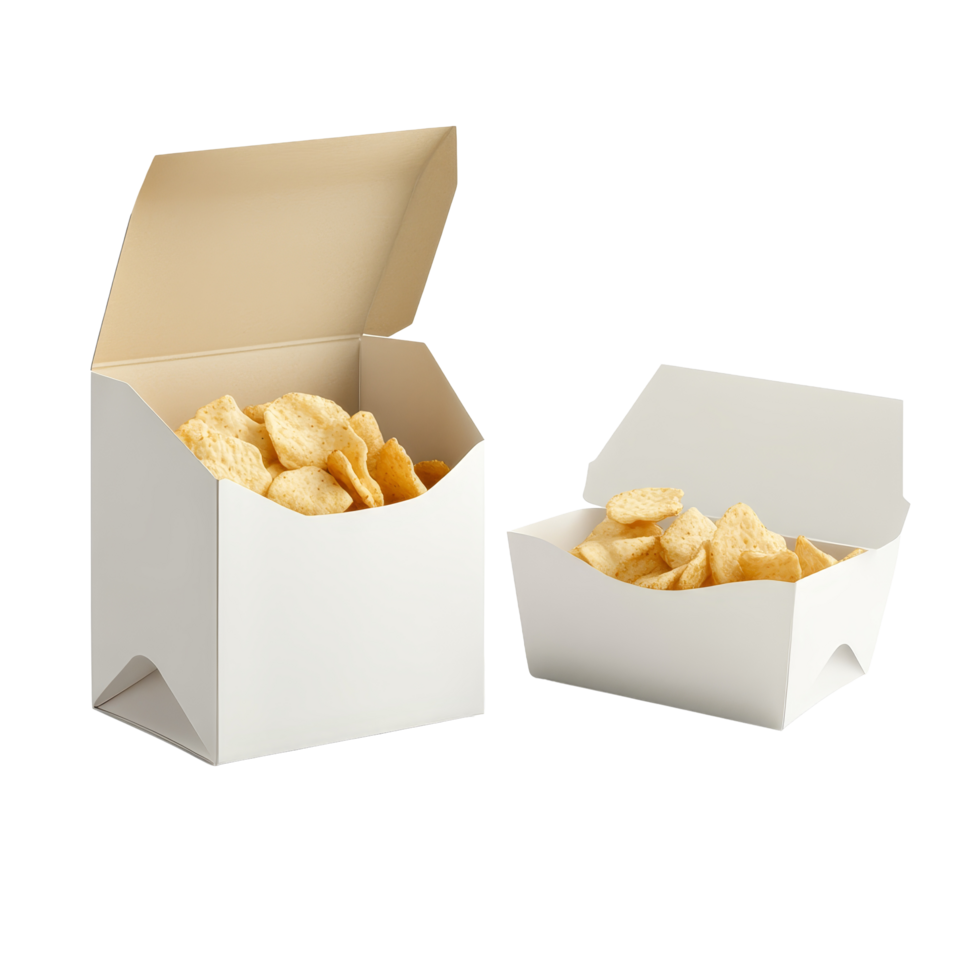 Cut open blank snack packaging displaying crispy snacks for a minimalist presentation on a bright background, Cut open blank snack packaging isolated png