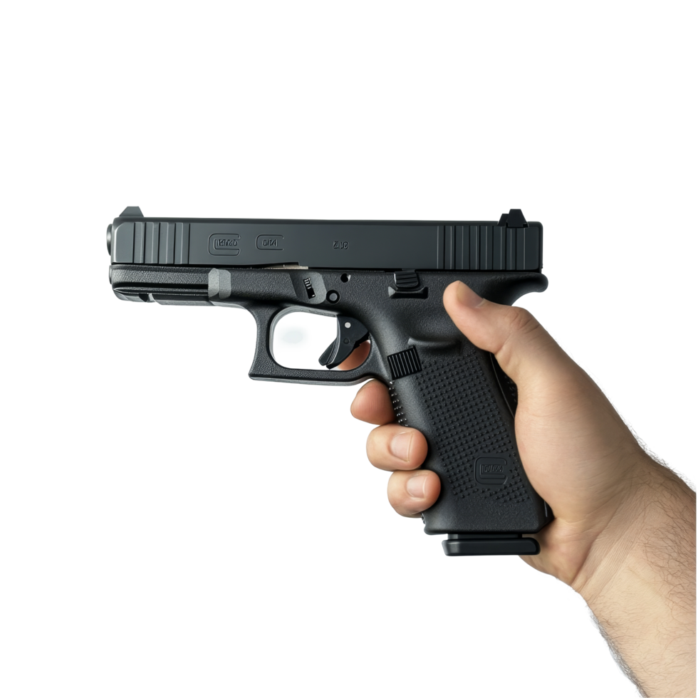 Hand holding a glock pistol against a transparent background in a controlled environment, Hand Holding Glock Pistol on transparent background png