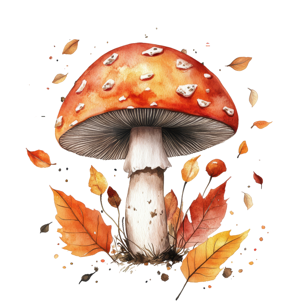 A vibrant watercolor rendering of a mushroom surrounded by autumn leaves against a clean transparent backdrop, mushroom with autumn leaves transparent background png